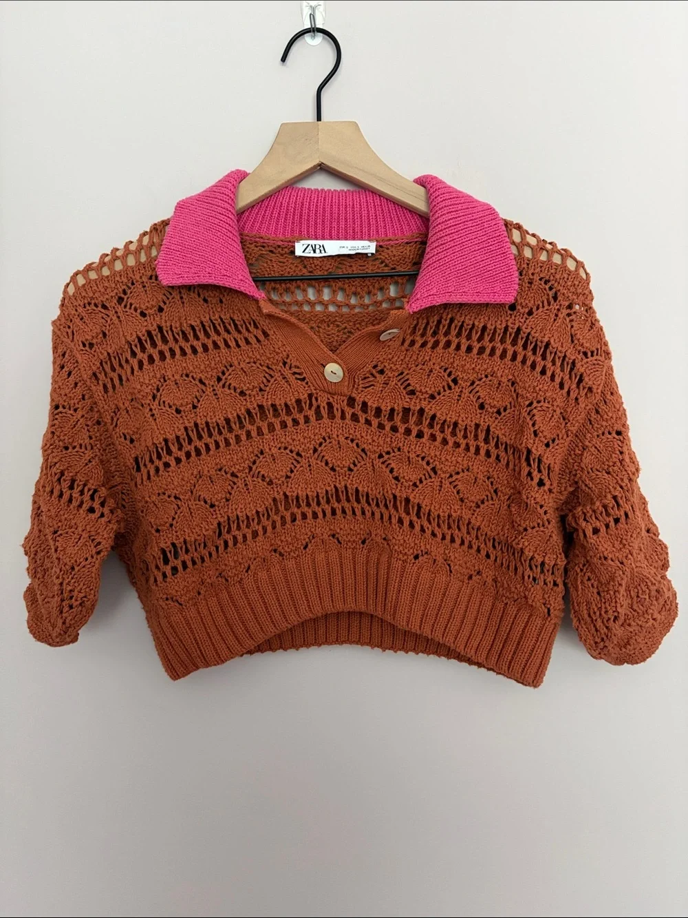 Zara Pointelle Knit Collared Cropped Sweater